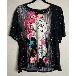 Nygard Womens 1X Slinky Blouse Top Short Sleeve Lady Floral Boho Tropical Artsy